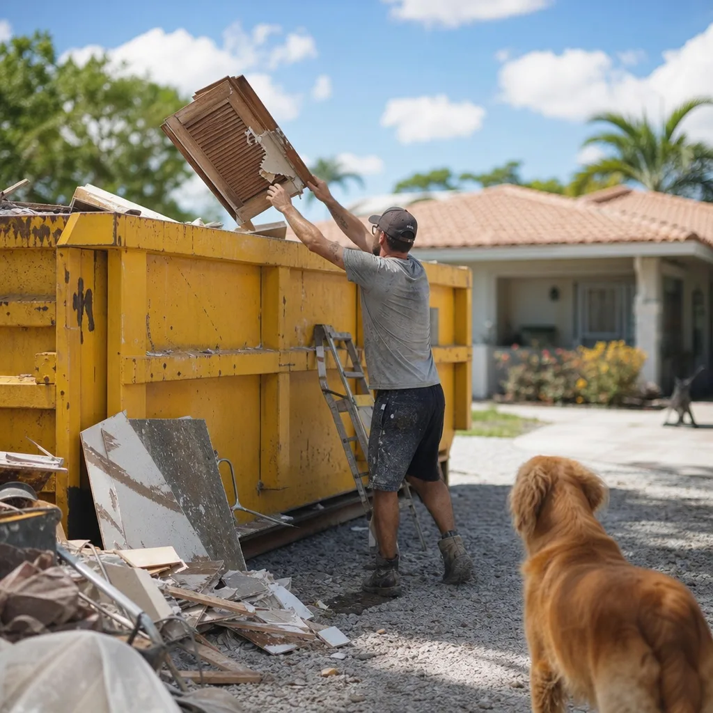 Worker loading debris into 30 yard dumpster rental in Nokomis driveway