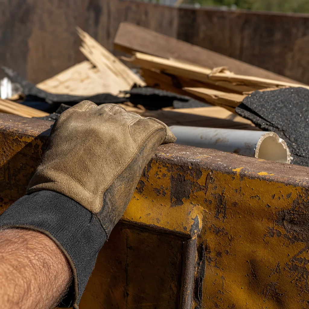 Hand on steel rail of 30 yard dumpster rental filled with debris