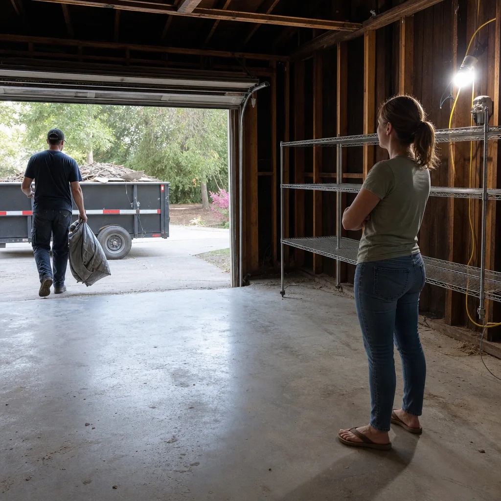 Empty garage after junk removal service cleanout in Nokomis home