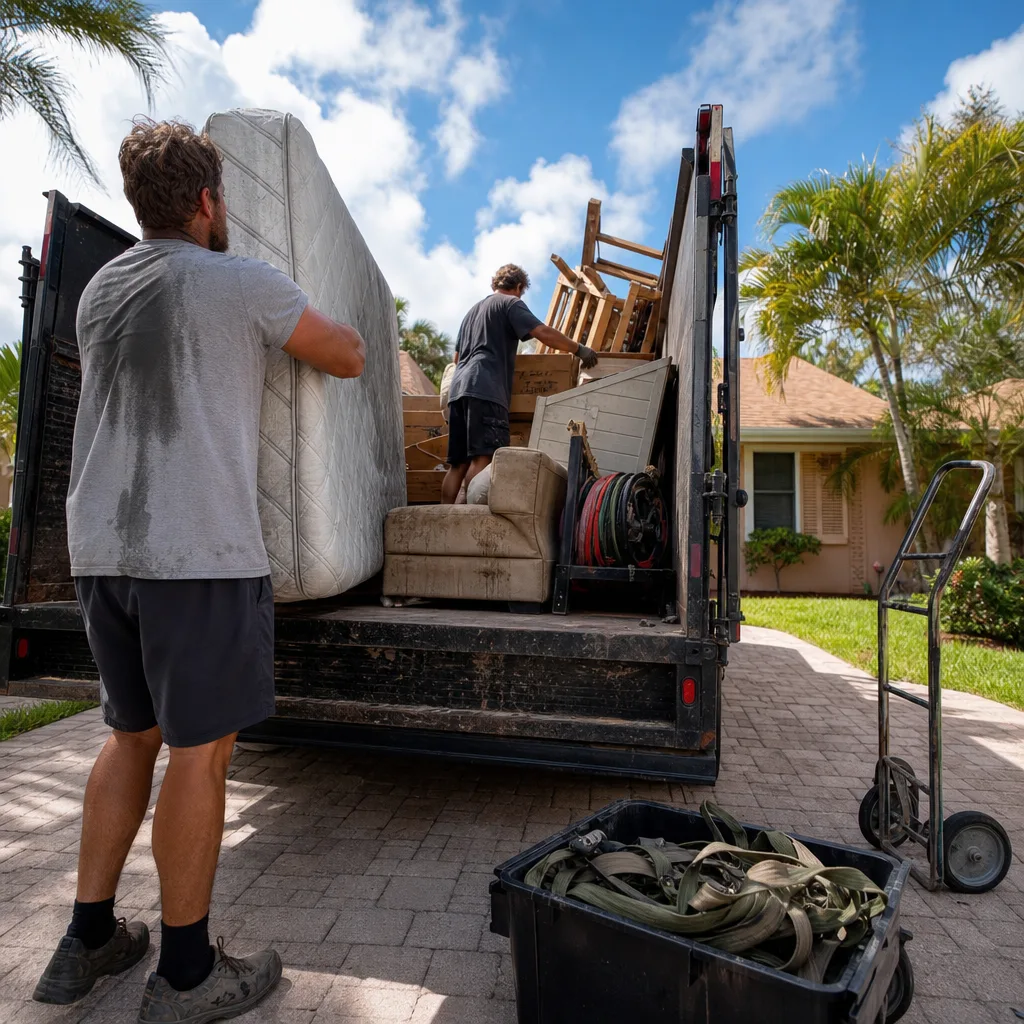 Loaded junk removal truck with furniture and debris in Nokomis driveway