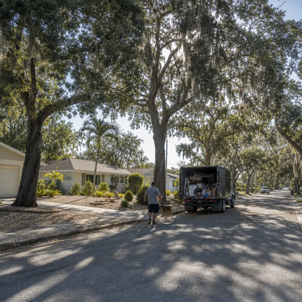 Junk removal truck parked on residential Nokomis street with oak trees