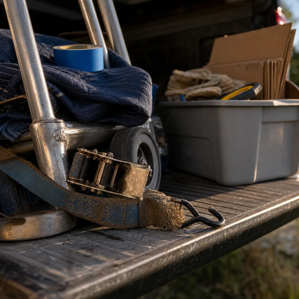 Hand truck and tie-down straps used for junk removal jobs in Nokomis