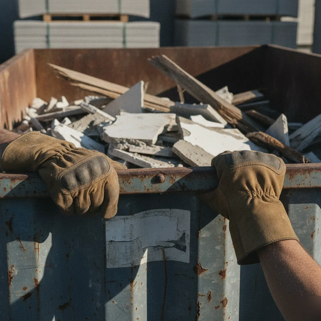Hands loading debris into construction dumpster rental container closeup