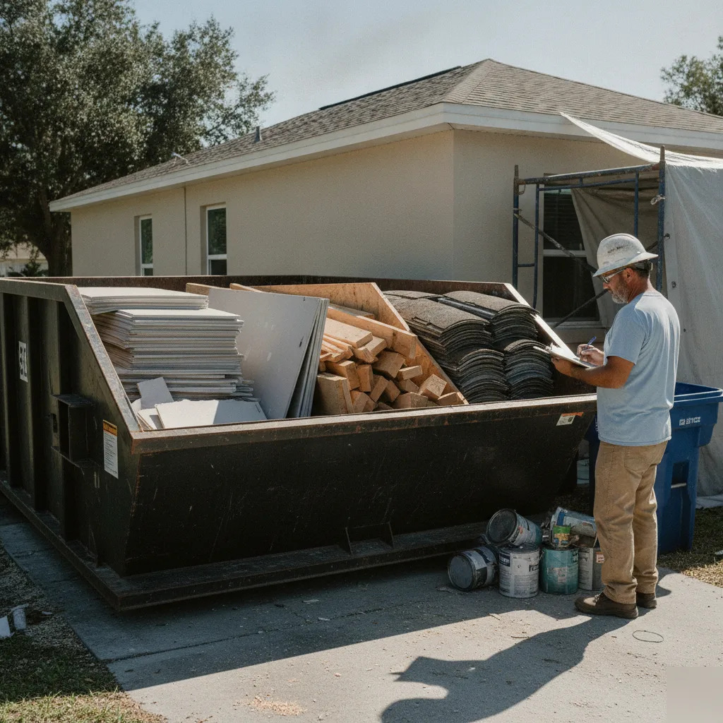 Sorted construction debris types inside Nokomis dumpster rental container