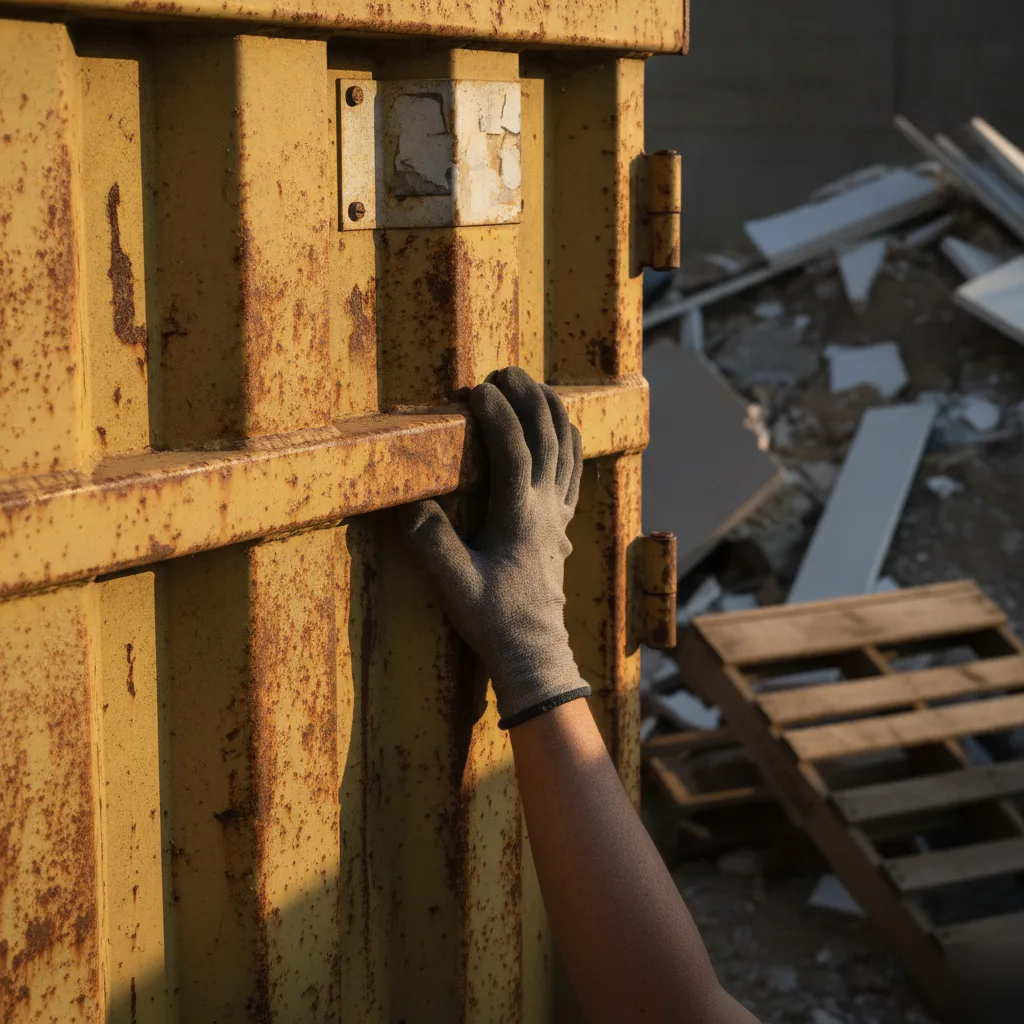 Close-up hand on steel dumpster wall showing size and weight capacity details