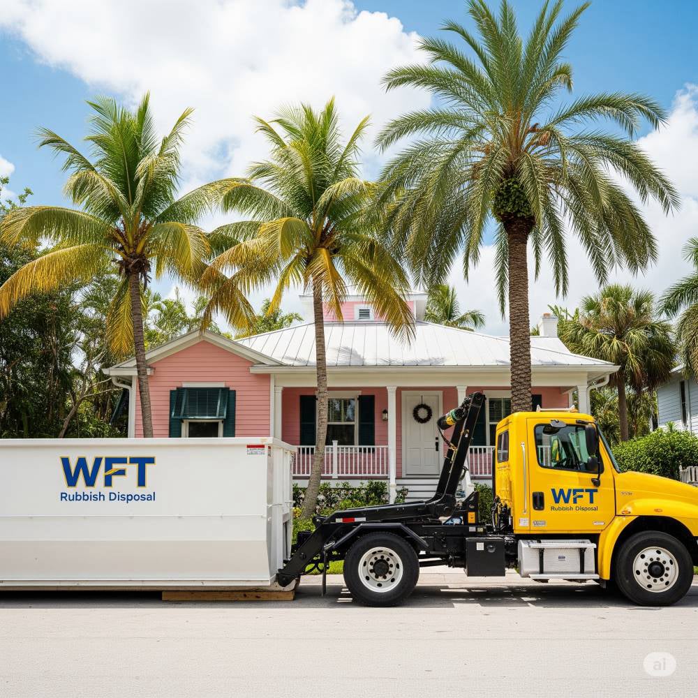 A clean, modern roll-off dumpster and truck from WFT Rubbish Disposal, perfect for a Florida setting.