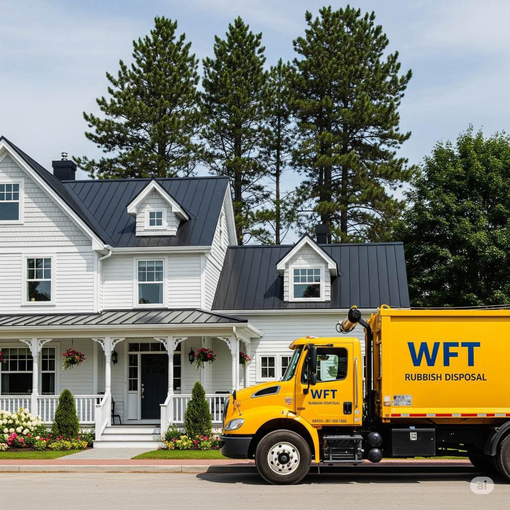 A clean, modern roll-off dumpster and truck from WFT Rubbish Disposal, set against a classic New England backdrop.